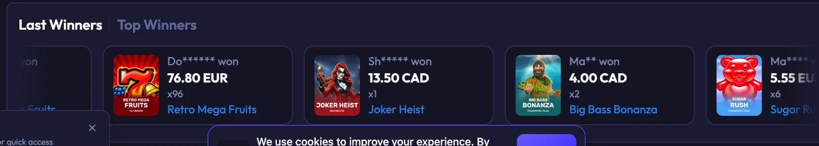 Spinrise Last Winners interface with masked player names and displayed amounts